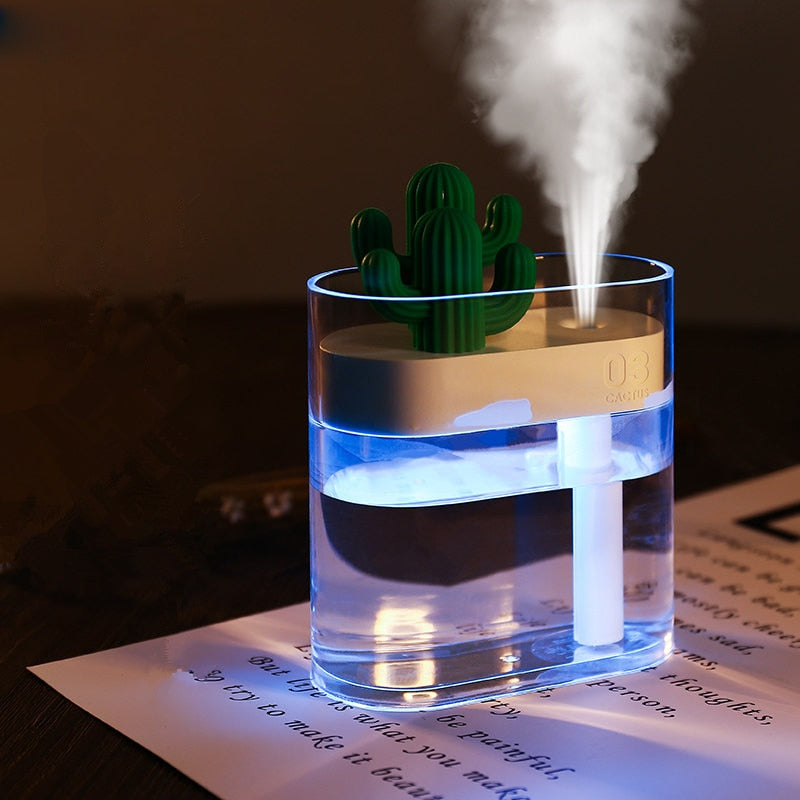 Humidificateur d'air ultrasonique 160 ml, diffuseur d'huiles essentielles USB transparent avec lumière colorée en forme de cactus, purificateur d'arômes pour voiture, générateur de brume anionique
