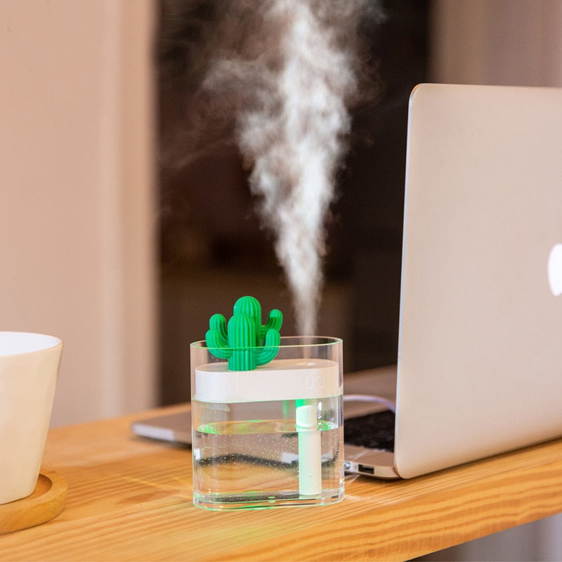 Humidificateur d'air ultrasonique 160 ml, diffuseur d'huiles essentielles USB transparent avec lumière colorée en forme de cactus, purificateur d'arômes pour voiture, générateur de brume anionique