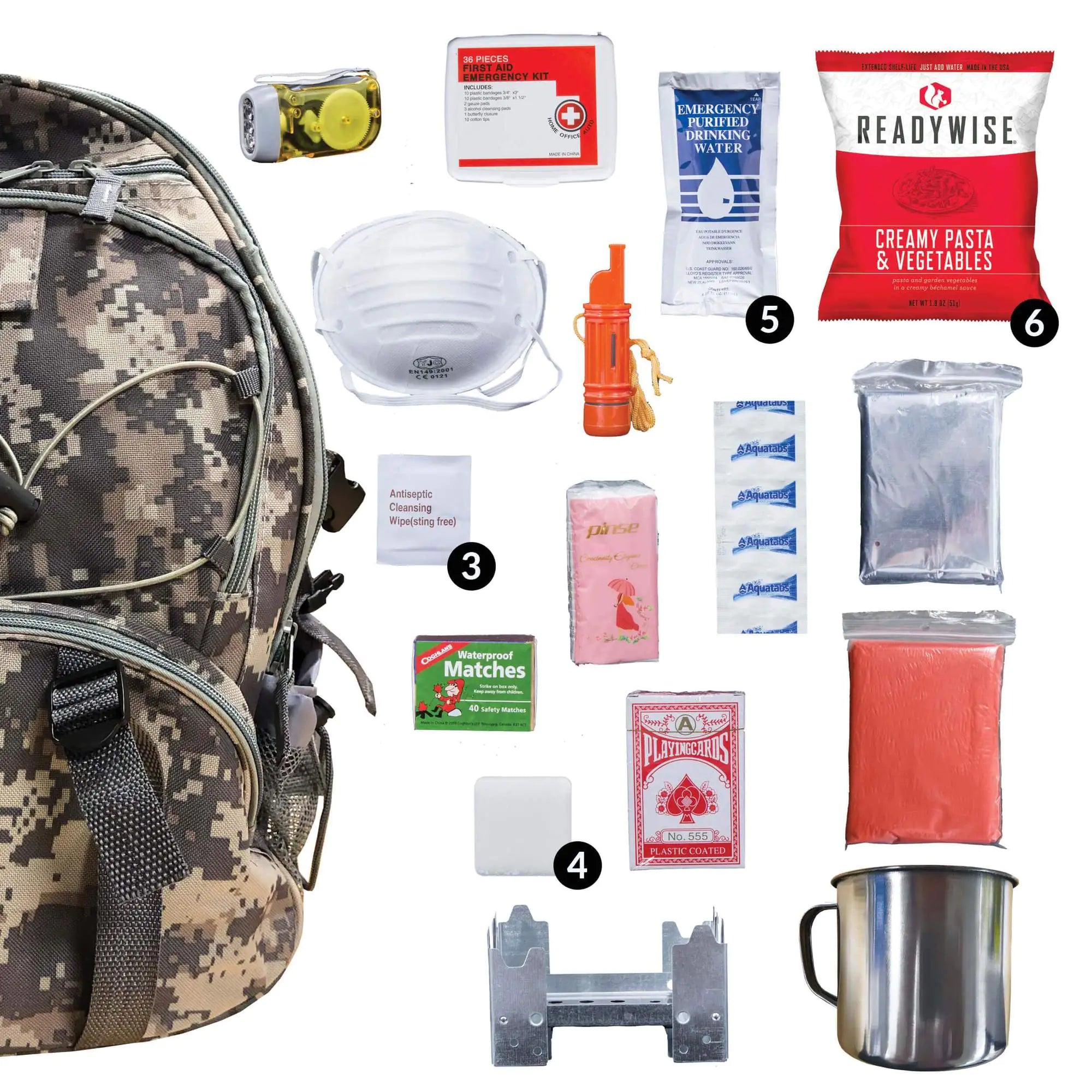 Sac à dos de survie complet camouflage 64 pièces