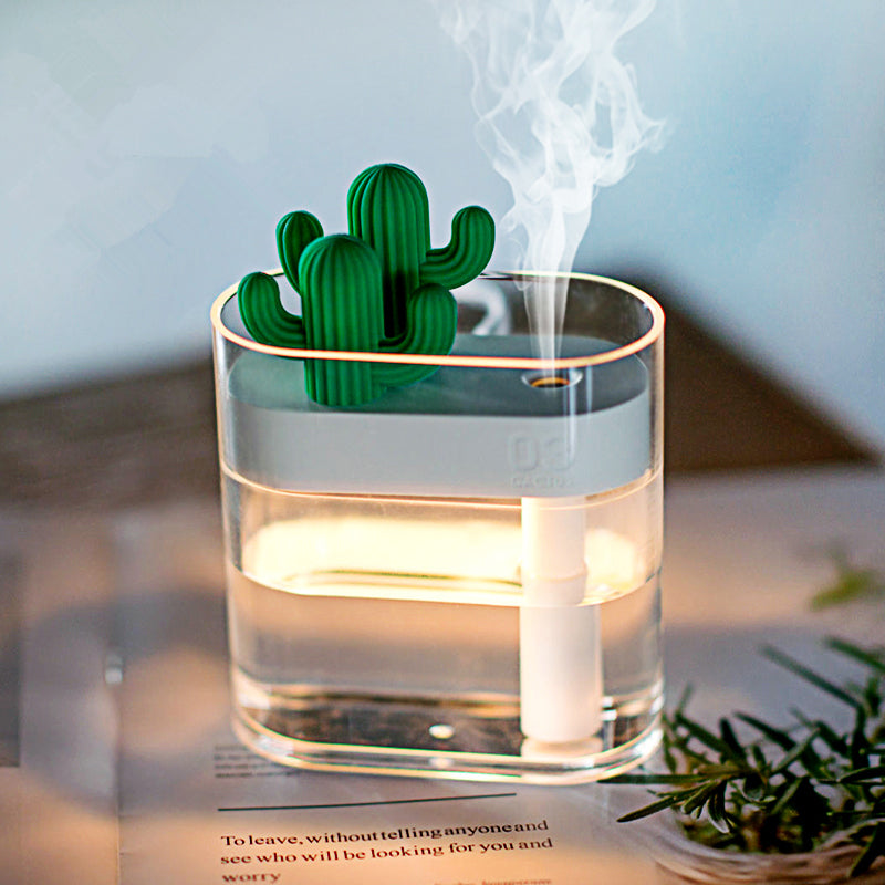 Humidificateur d'air ultrasonique 160 ml, diffuseur d'huiles essentielles USB transparent avec lumière colorée en forme de cactus, purificateur d'arômes pour voiture, générateur de brume anionique