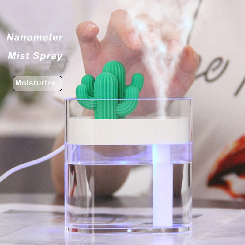 Humidificateur d'air ultrasonique 160 ml, diffuseur d'huiles essentielles USB transparent avec lumière colorée en forme de cactus, purificateur d'arômes pour voiture, générateur de brume anionique